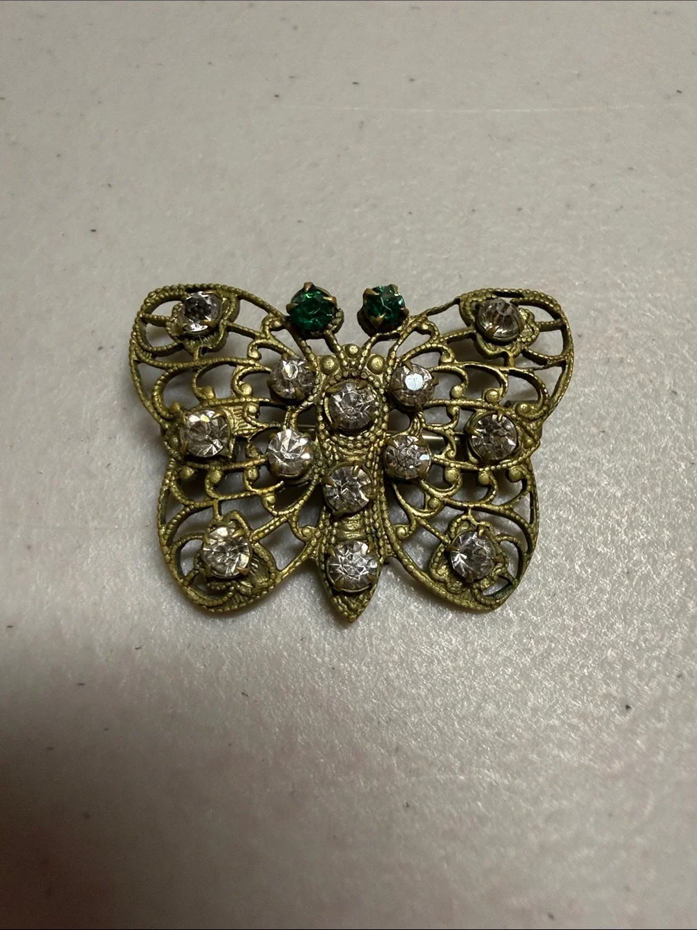 Gold-Tone Butterfly Brooch with Clear and Green Stones